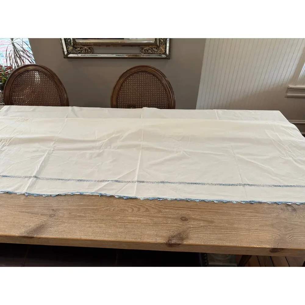 Vintage Embroidered Lace Trim White Cotton Flat Sheet